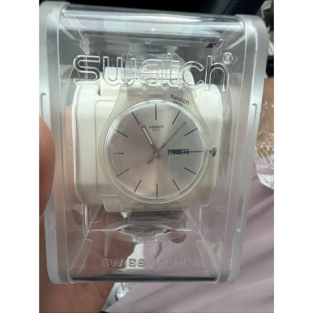Swatch Mens Watch Silver Dial Stainless Expansion Day Date Quartz Swiss Made